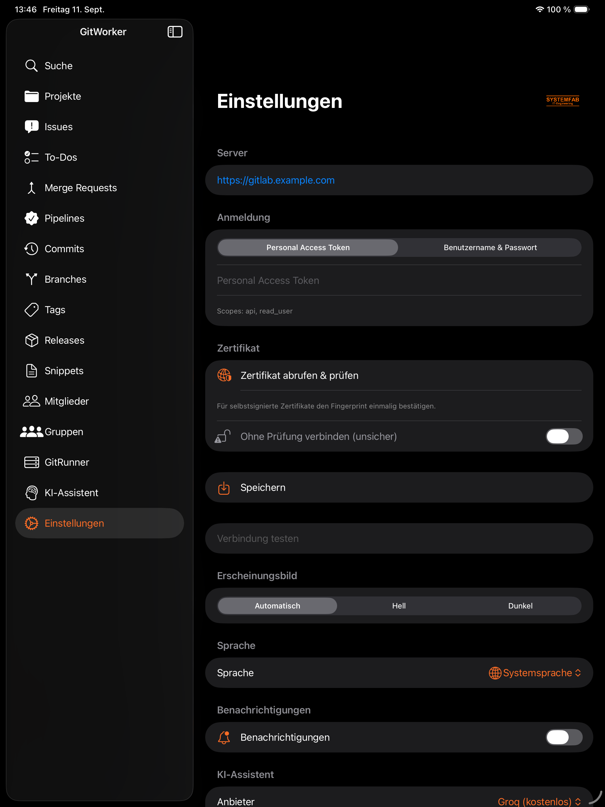 iPad Einstellungen Dark