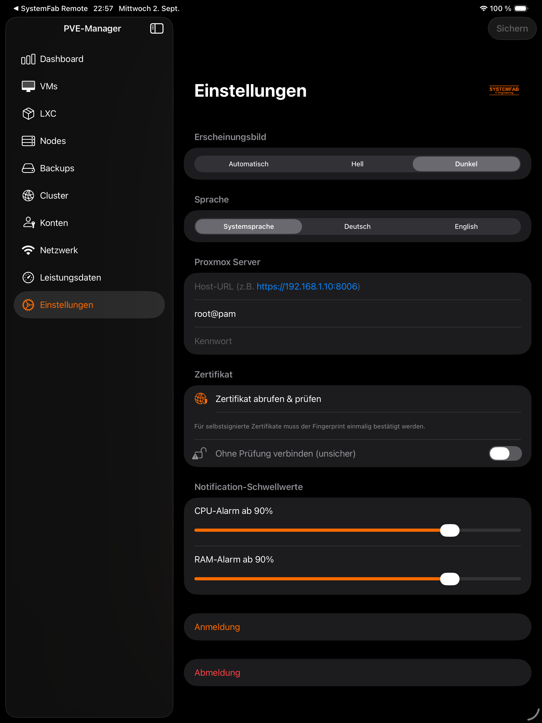 iPad Einstellungen Dark